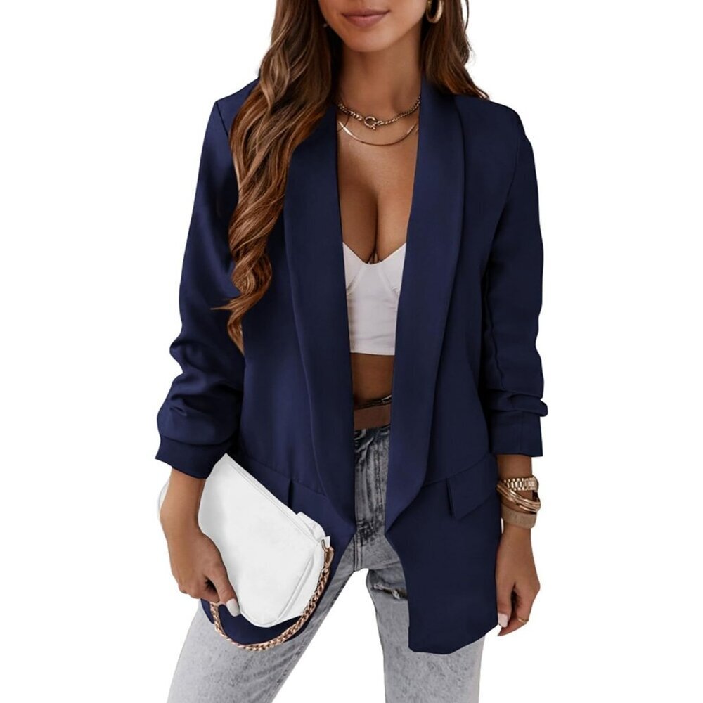 Women's Dark Blue Casual Blazer Spring Fall Fashion Long Sleeve Open Front Work